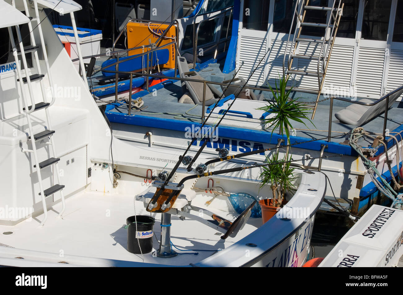 Close up of game fishing boat moored at Funchal Marina Harbour Madeira Portugal EU Europe Stock Photo