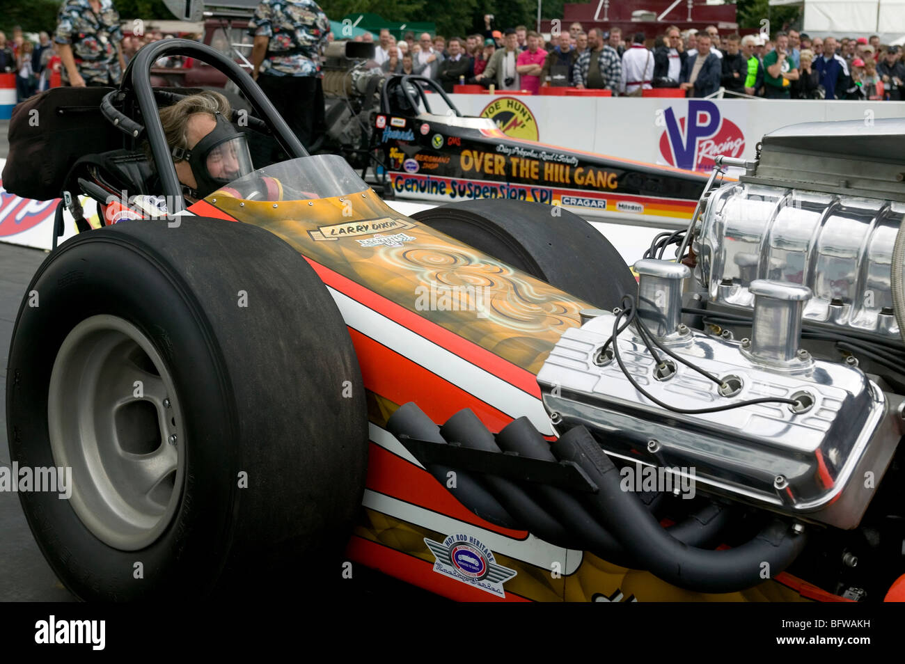 Lord March in a dragster for a cracklefest at 2008 Goodwood Festival of Speed. Stock Photo