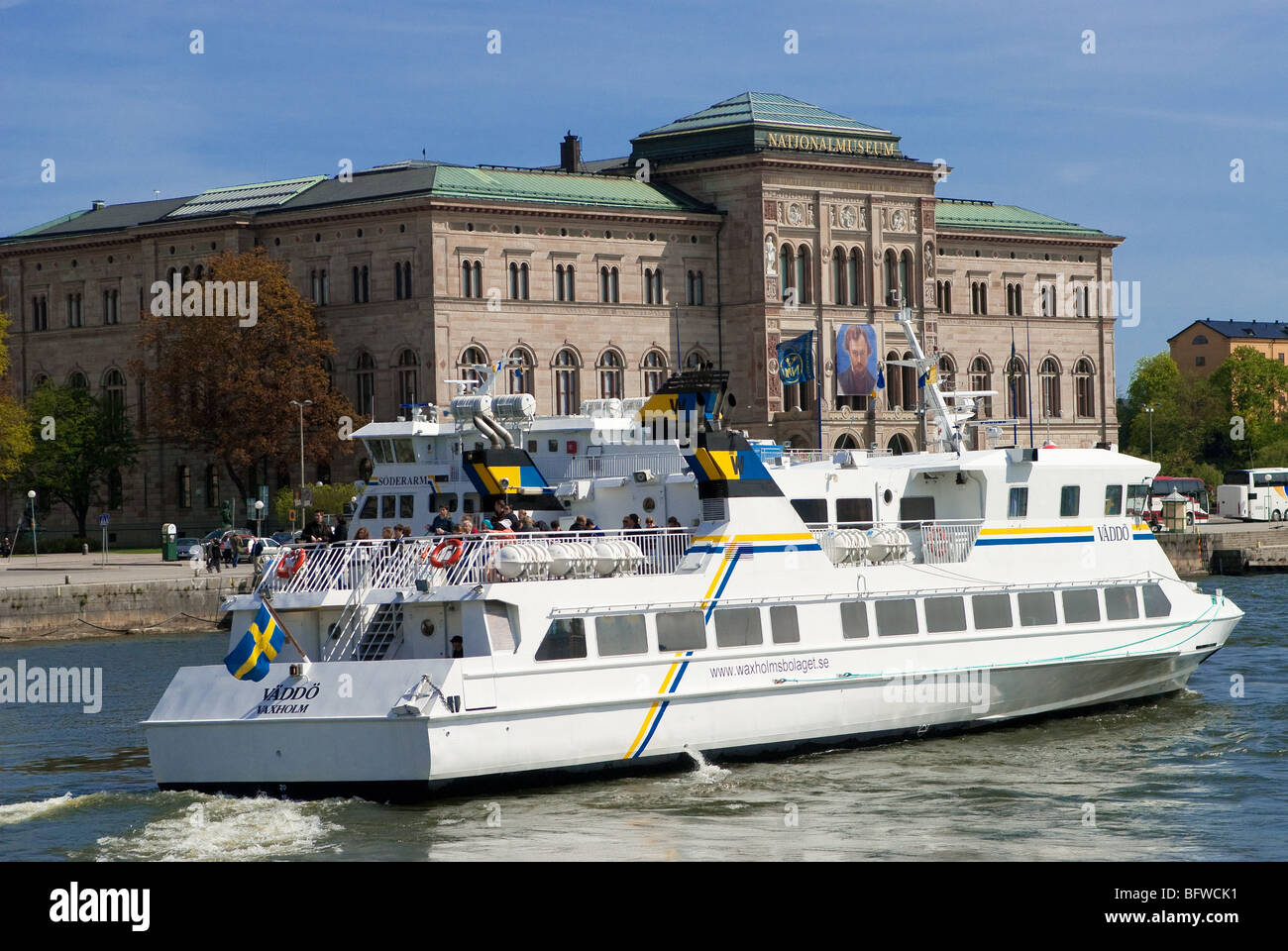 a boat in front of the national museum in the city of stockholm Stock Photo