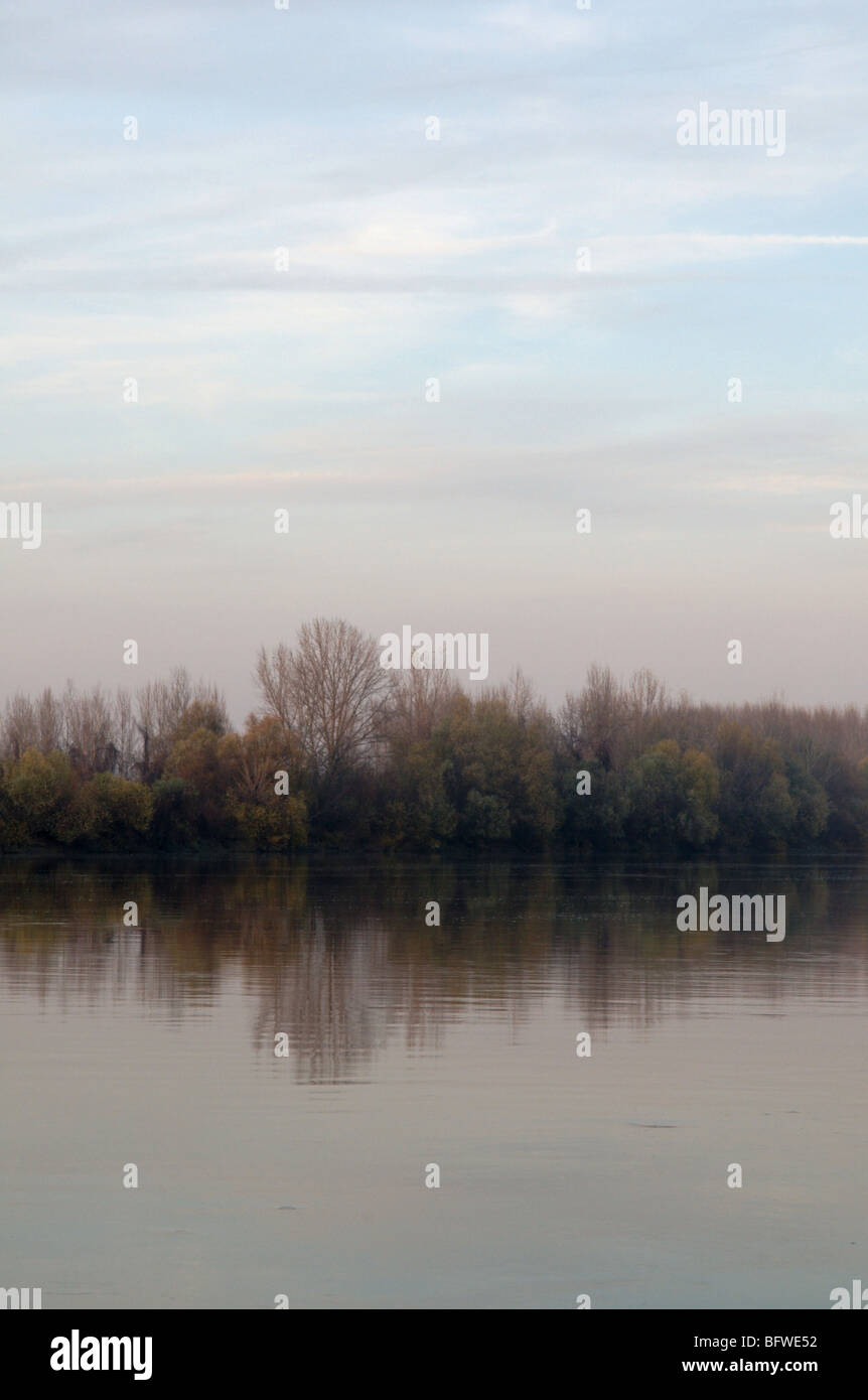Misty Landscape of a Central European riverside of the Tisza river during sunset taken in Vojvodina, Serbia near Aradac Stock Photo