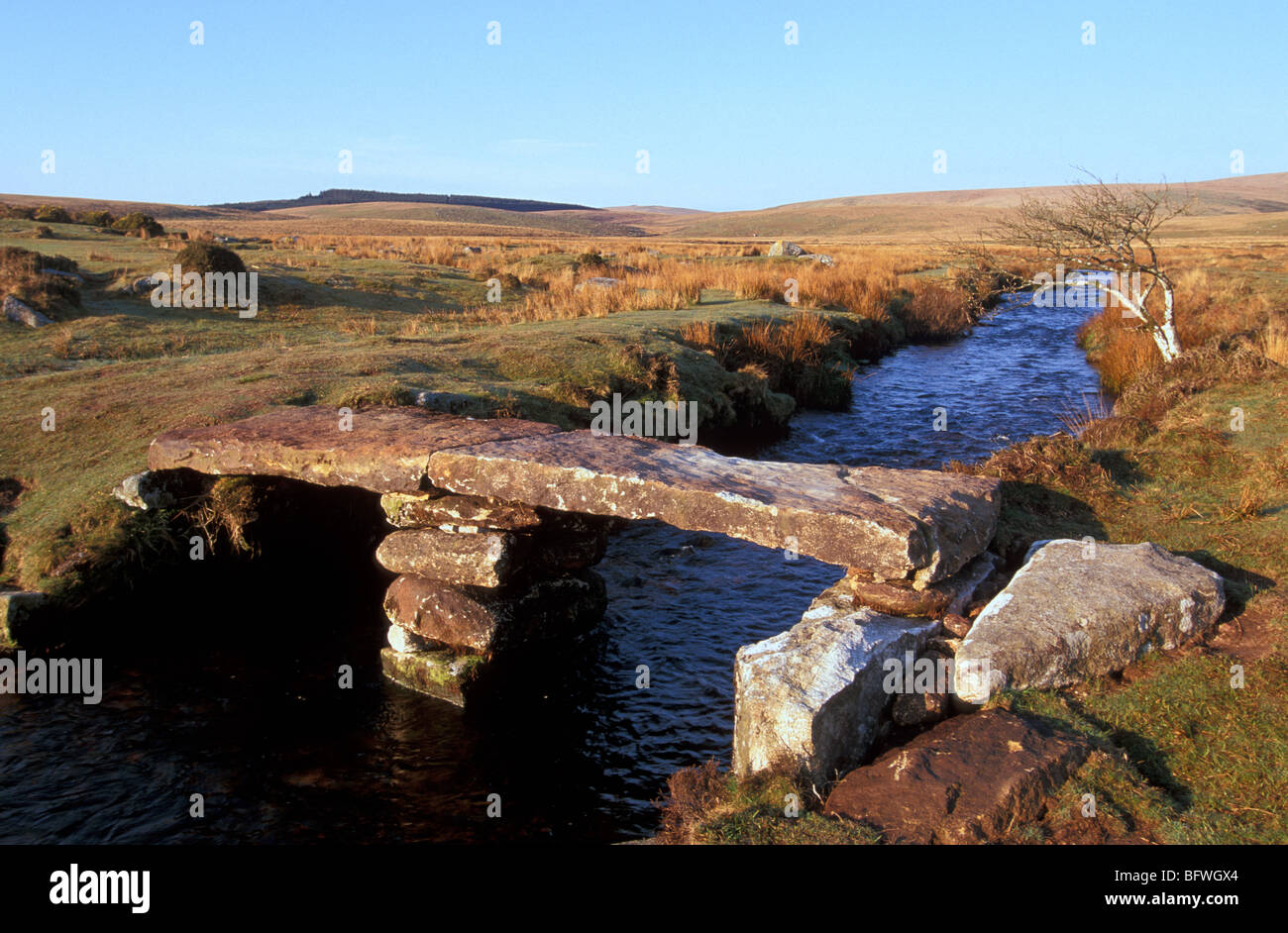 Clapper bridge over the North Teign River near Scorhill Down Dartmoor