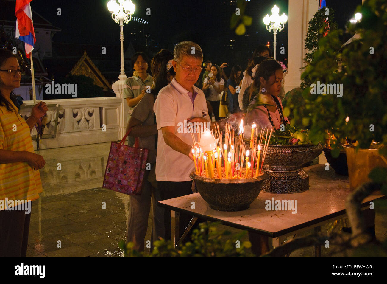 Asalha Puja Holiday, Buddha Day, Temple Wat Yan Nawa, Bangkok Thailand. Stock Photo