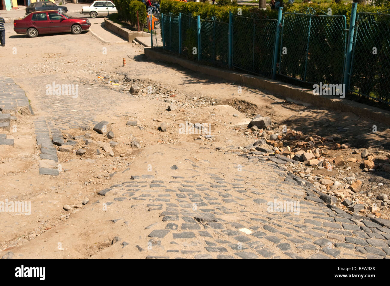 cobbled road in bad condition in Sighisoara Romania Eastern Europe