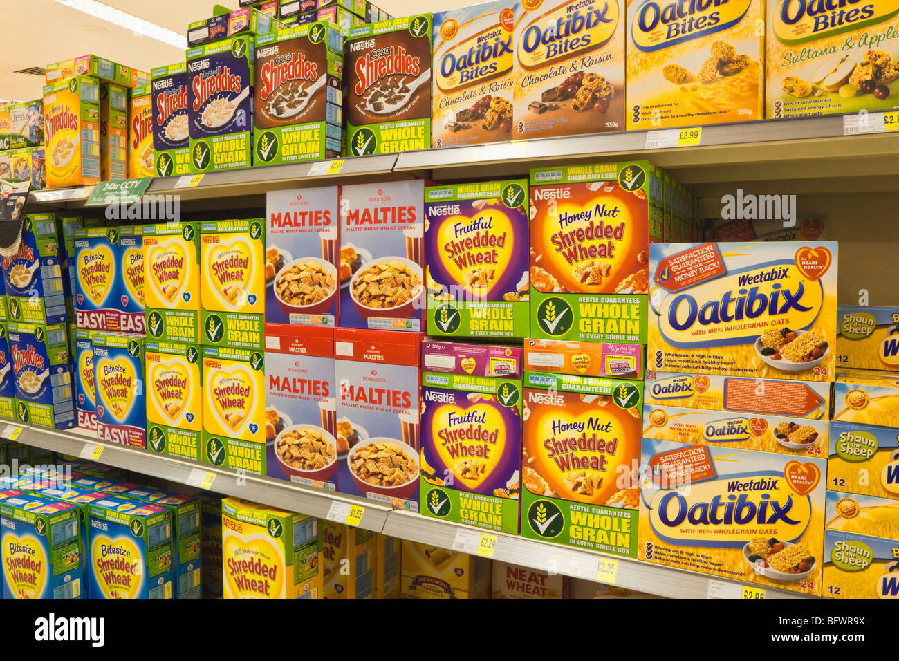 Display of breakfast cereals in Morrisons supermarket Gibraltar Stock