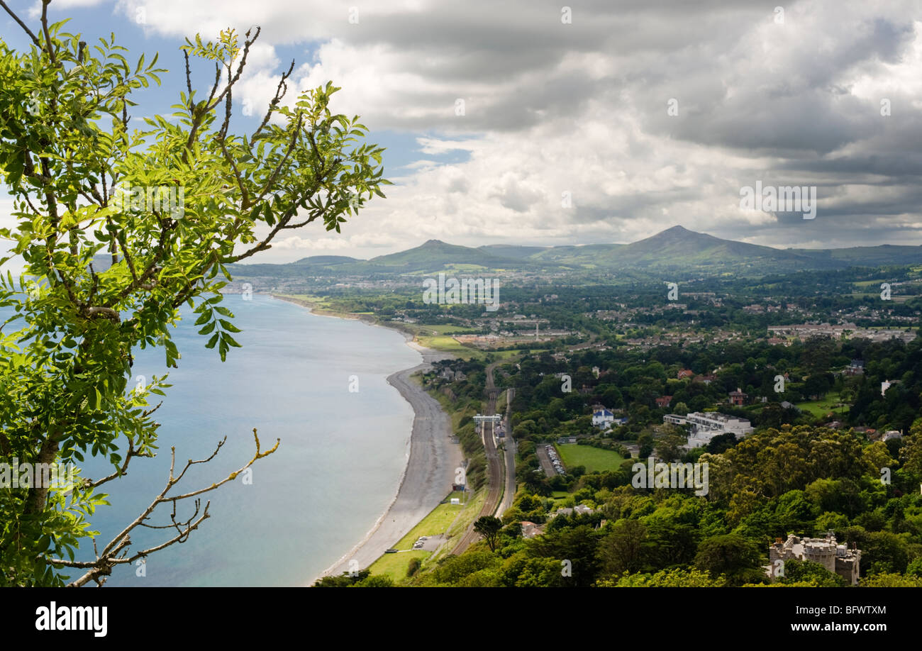View over Killiney Bay from Killiney Hill, Dublin, towards the Wicklow Mountains Stock Photo