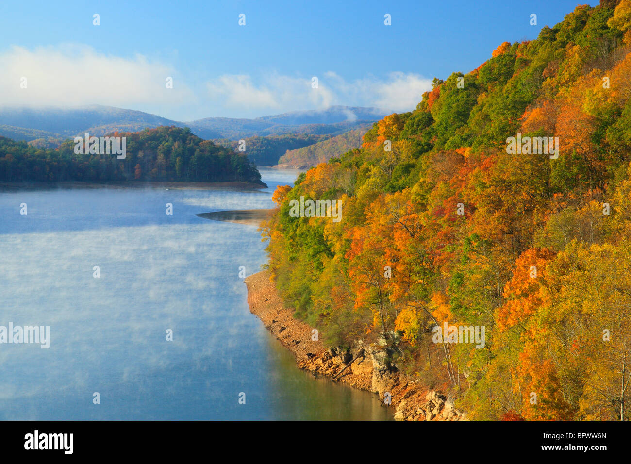 Morning fog rises over Lake Moomaw, Washingon National, Forest