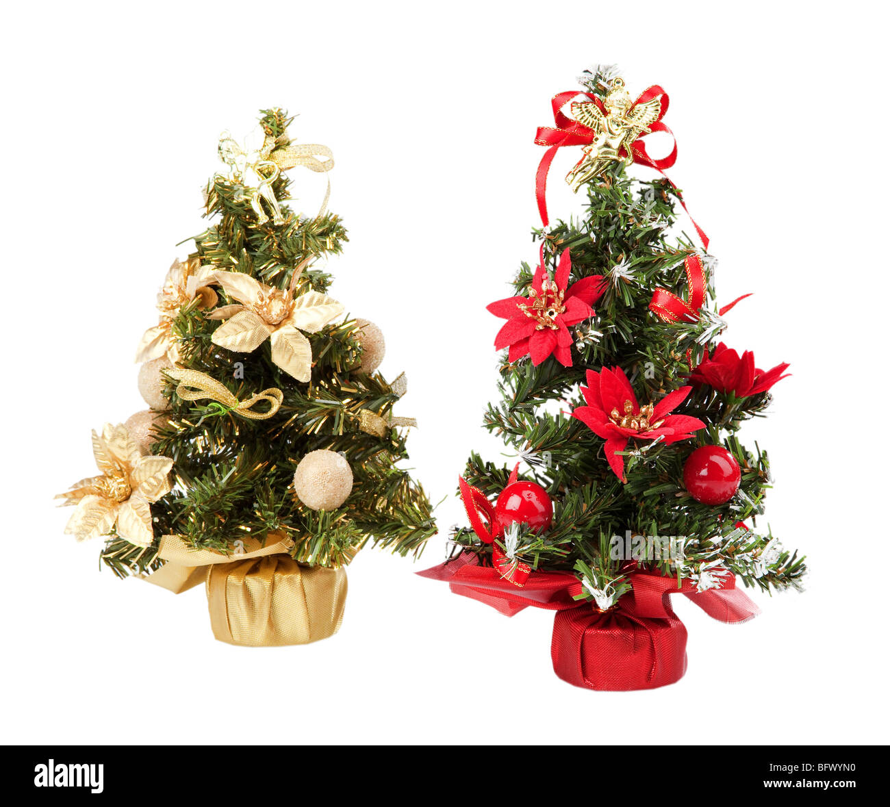 Two decorated artificial Christmas trees on white Stock Photo
