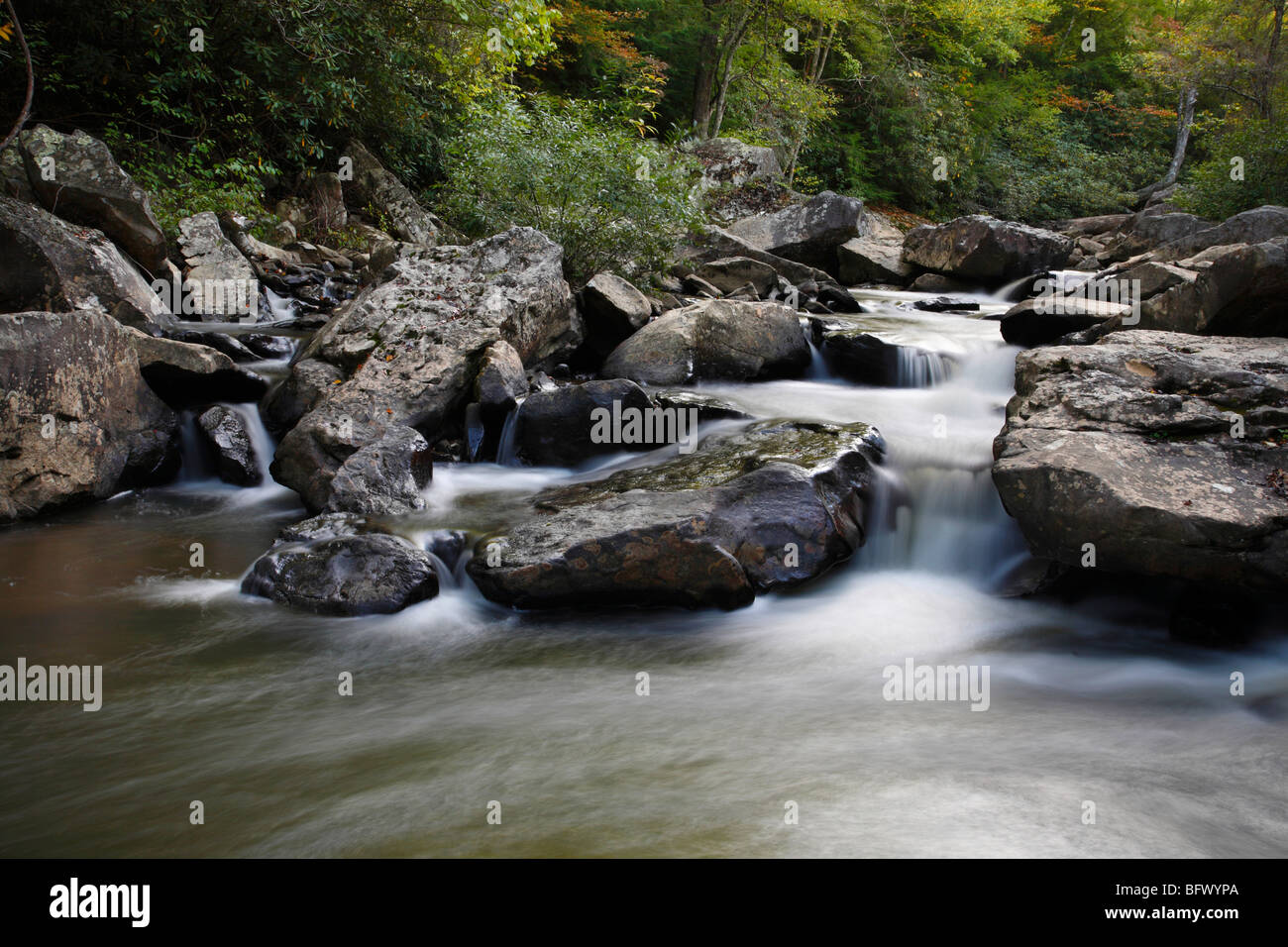 Glade Creek Babcock State Park West Virginia in USA US landscape nature from above top view overhead close up low angle water horizontal hi-res Stock Photo