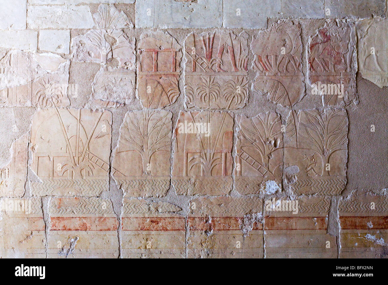 Scene of the Punt reliefs from the middle colonnade at the Temple of Hatshepsut at Deir el Bahari, West Bank, Luxor Egypt Stock Photo