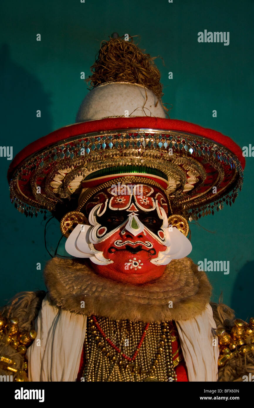 Hanuman, a character in a Kathakali Story-Play, about to appear onstage in a theatre in Trivandrum, Kerala. Stock Photo