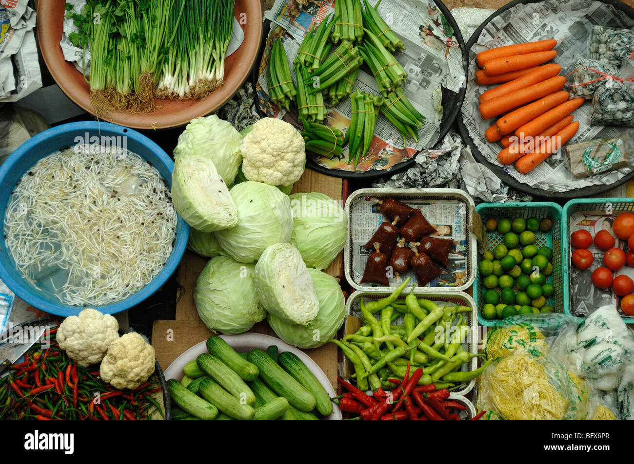 Still Life Display of Fresh Vegetables on Market Stall of the Central Food Market, Kota Bahru, Malaysia Stock Photo