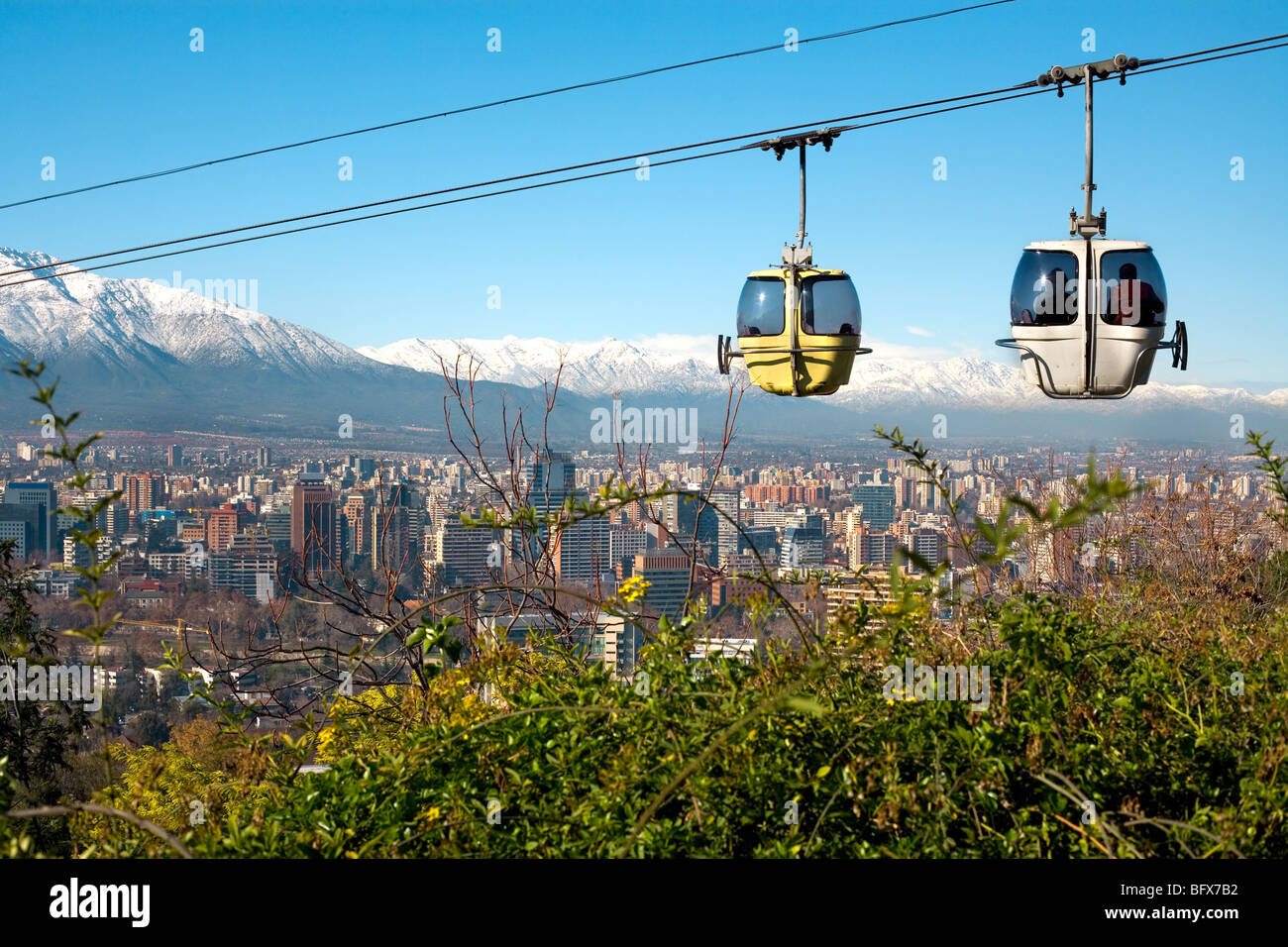 Cable car in San Cristobal hill, overlooking a panoramic view of Santiago de Chile Stock Photo