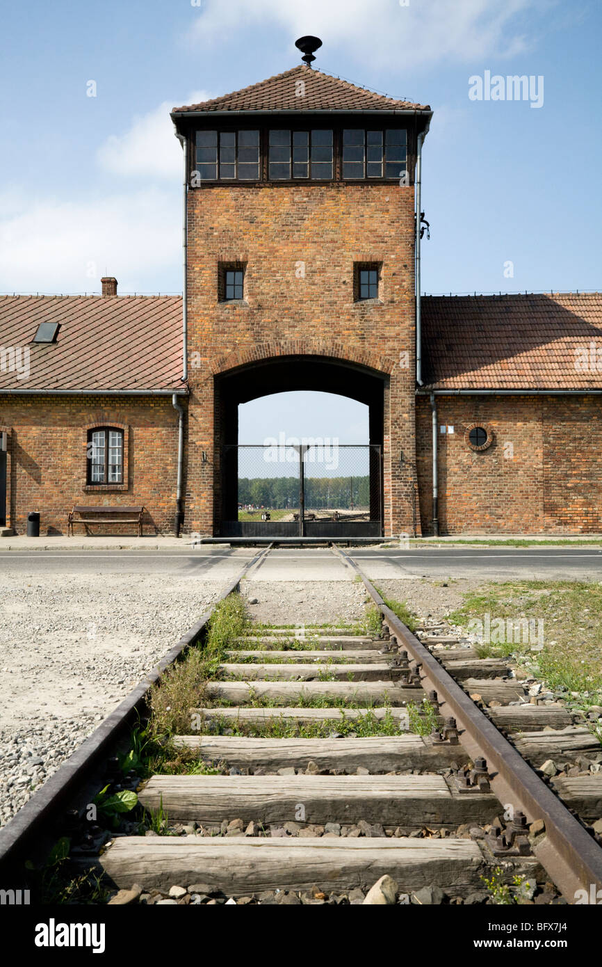 Railway lines leading into the main entrance gateway at Birkenau ...