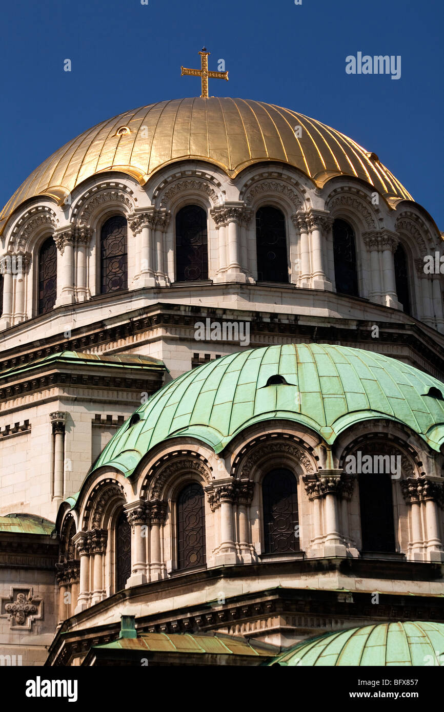 Domes and Cross of the Alexander Nevsky Memorial Cathedral Church in Sofia, Bulgaria Stock Photo