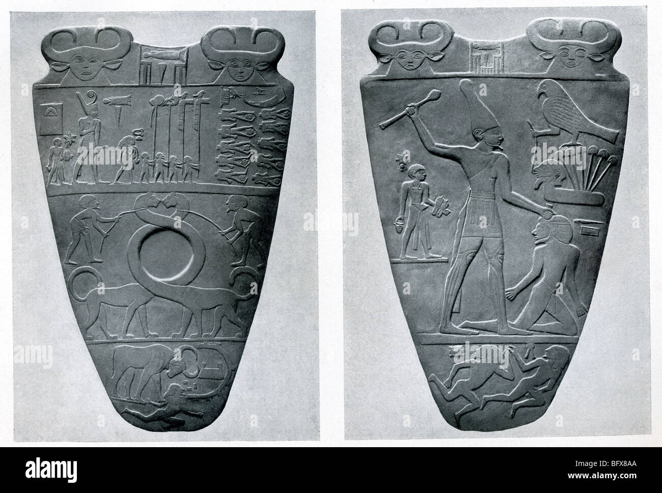 The reliefs on the Narmer Palette are thought to depict the unification of Upper and Lower Egypt under Narmer of 1st Dynasty. Stock Photo