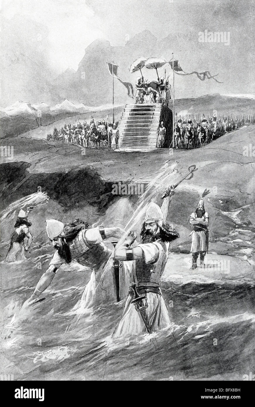 When a storm destroyed the bridge Xerxes of Persia had built across the Hellespont, he ordered his men to whip its waters. Stock Photo