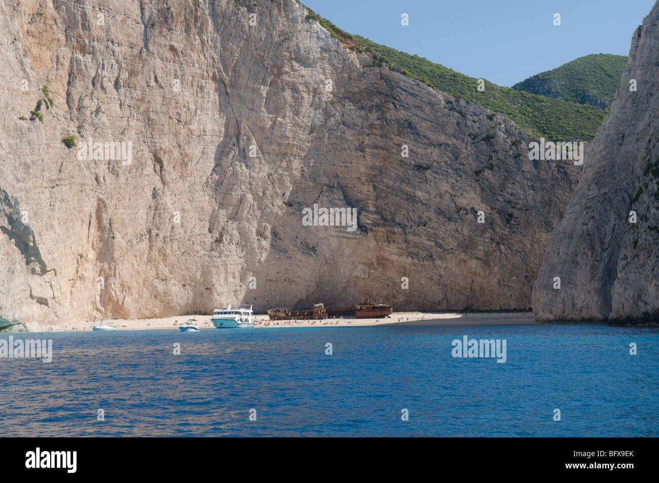 Greece. Zakynthos. Zakinthos, Zante. Greek island. October. Smuggler's Cove, Shipwreck Cove, Ag. Georgiou, Navagio. View from boat on sea. Stock Photo