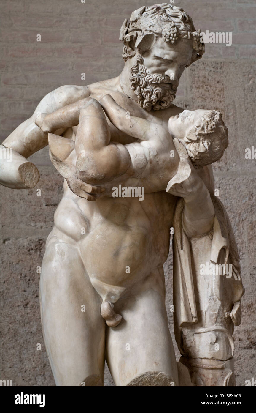 Detail of Silenos cradling the infant Dionysos, attributed to the sculptor Lysippos, ca. 320 BC. Stock Photo