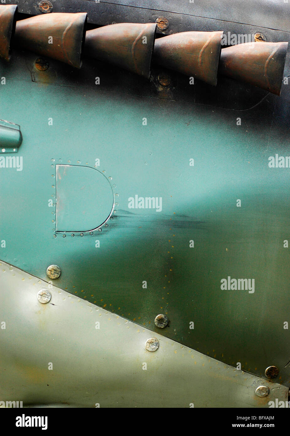 Close up of the exhaust pipes and fuselage of a Spitfire aircraft Stock