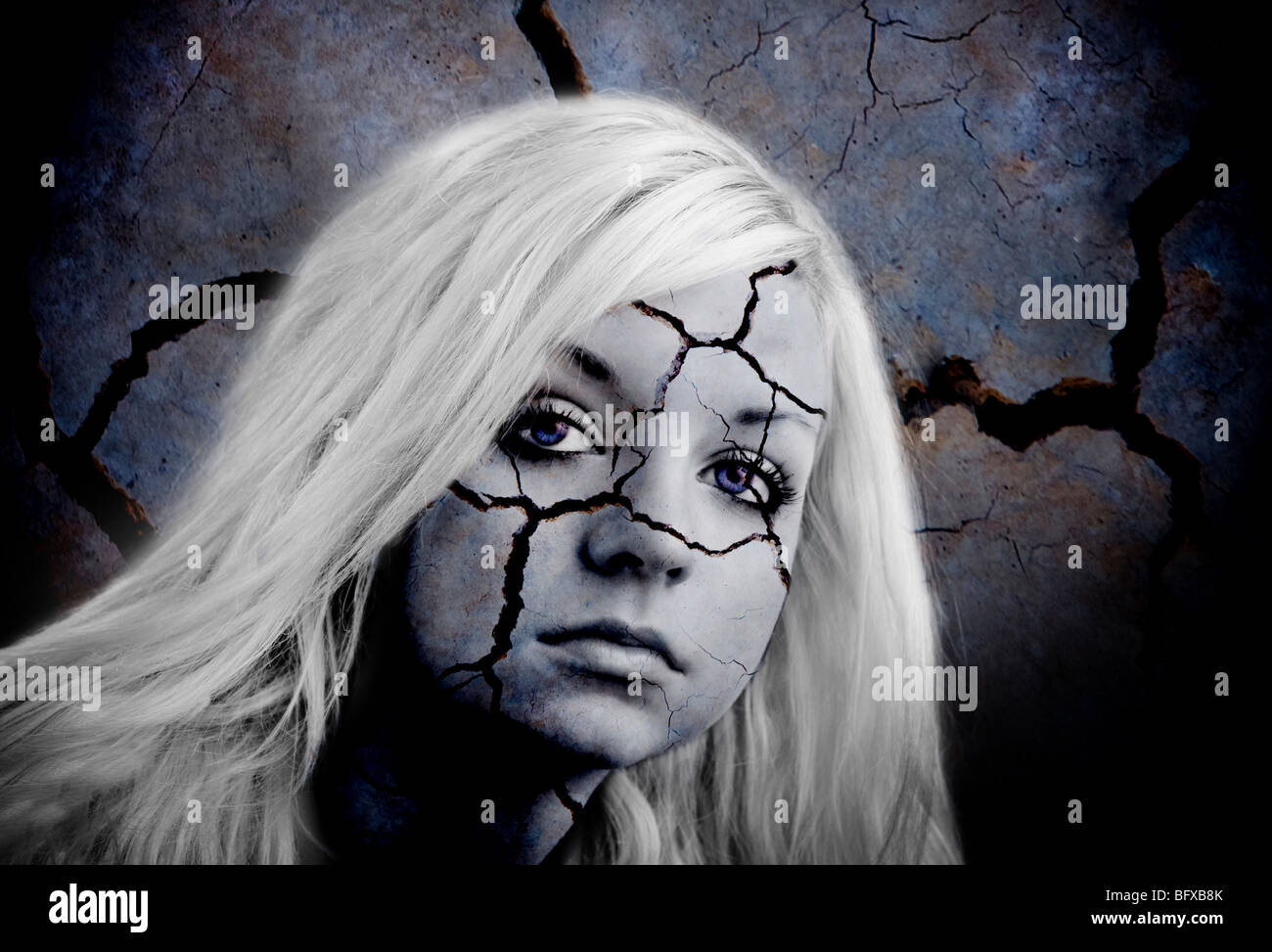 Image of a beautiful young girl with a fractured / cracked face. A very ...