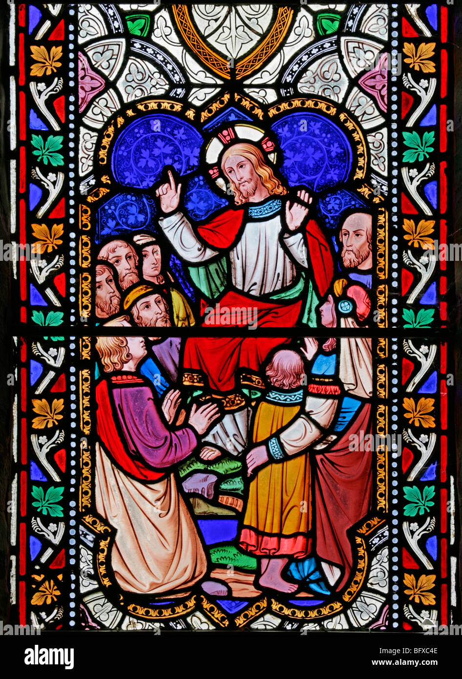 Stained Glass Window Depicting Jesus teching the People, St Gregory's Church, Offchurch, Warwickshire, Window by William Wailes Stock Photo