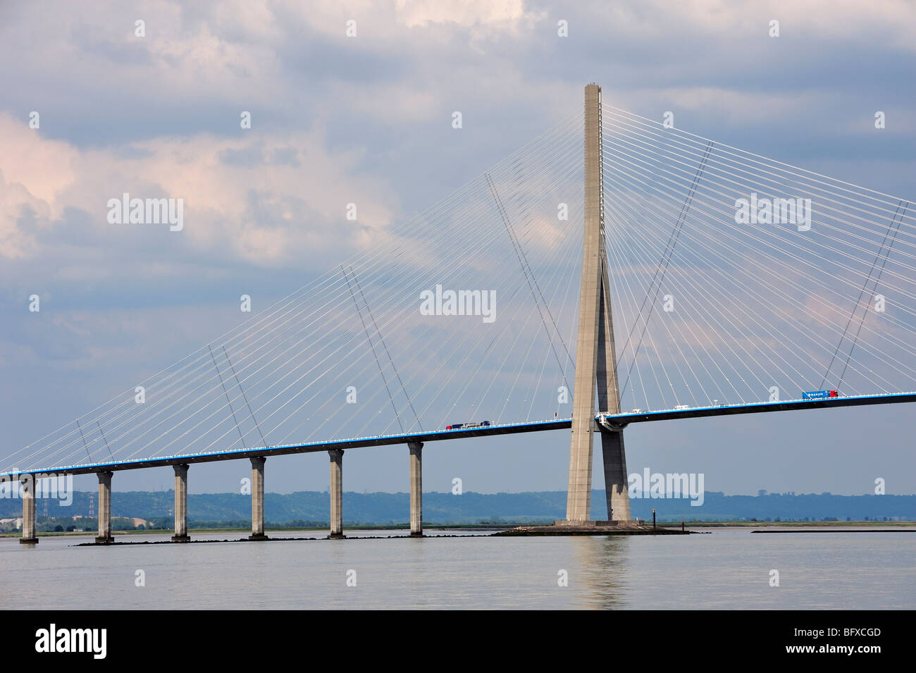Pont de Normandie / Bridge of Normandy, a cable-stayed road bridge over the river Seine linking Le Havre to Honfleur, Normandy Stock Photo
