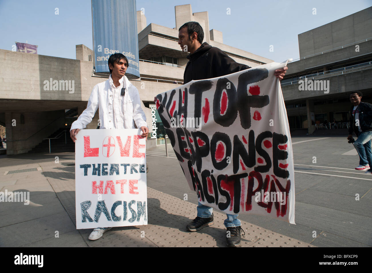 Love Theatre Hate Racism protest at National Theatre against play
