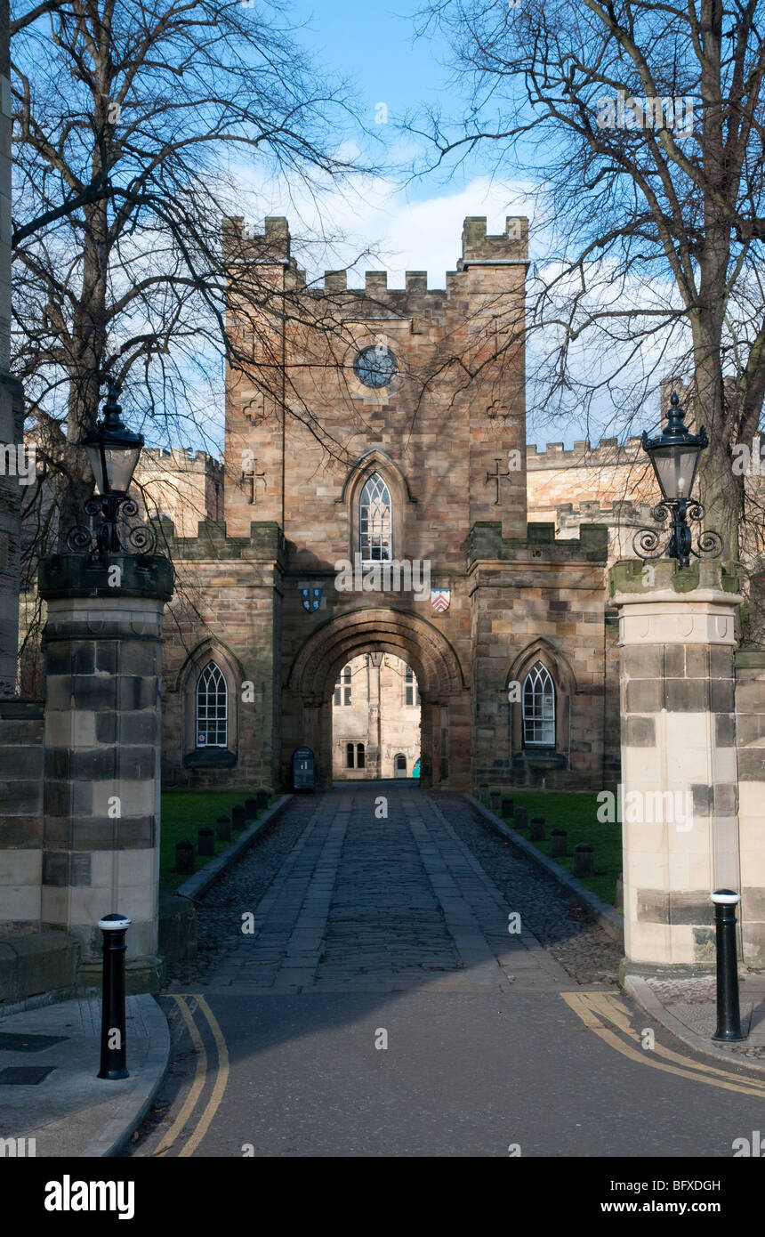 Entrance to University College at Durham Castle, Durham. Trees in foreground, trees in foreground. Stock Photo