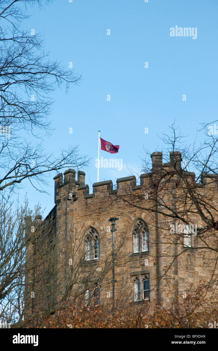 Flag flying atop Durham Castle College building, Durham, England. Stock Photo