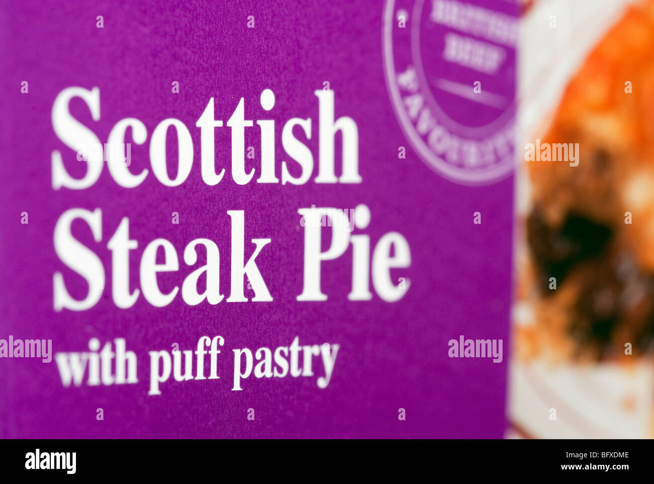 Scottish Steak Pie with puff pastry label Stock Photo