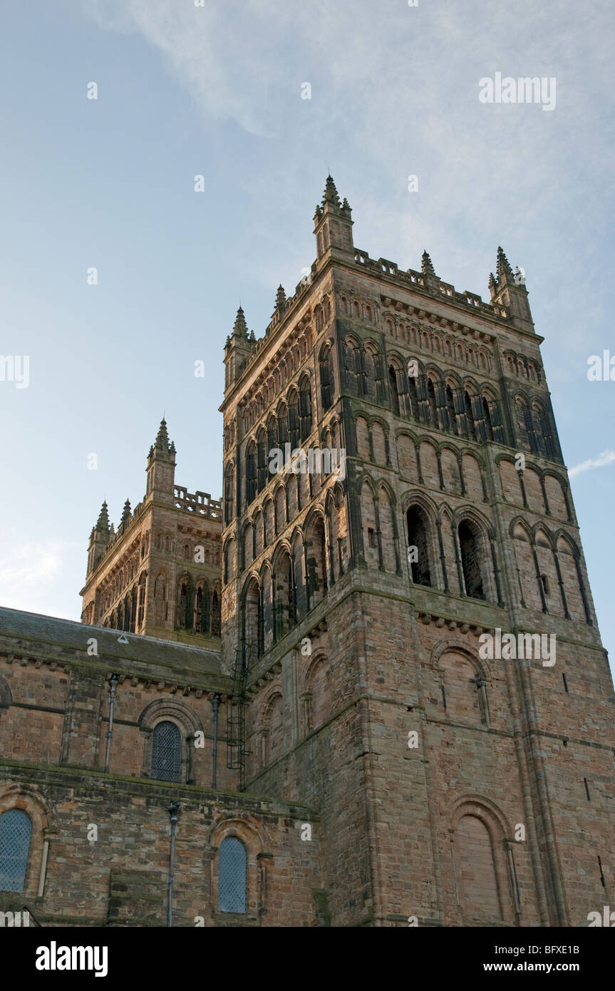 West towers of Durham Cathedral against a light blue sky. Stock Photo