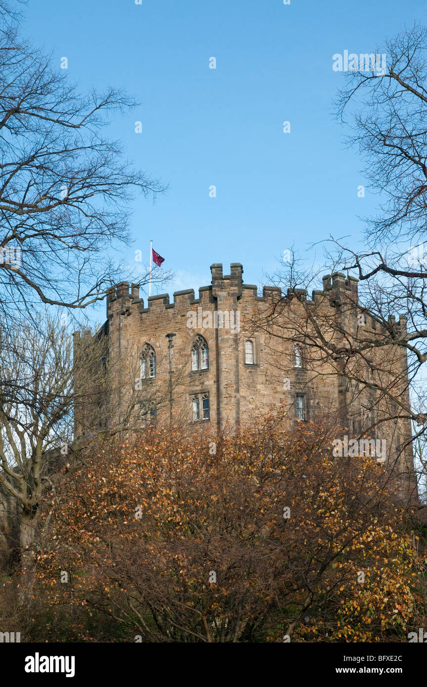 Durham castle, home of University College, Durham, with trees in foreground and blue sky background. Stock Photo