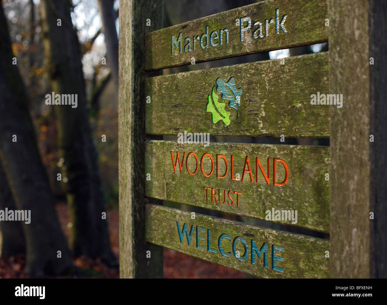 Woodland Trust welcome sign. Marden Park, Woldingham, Surrey, England, UK. Stock Photo