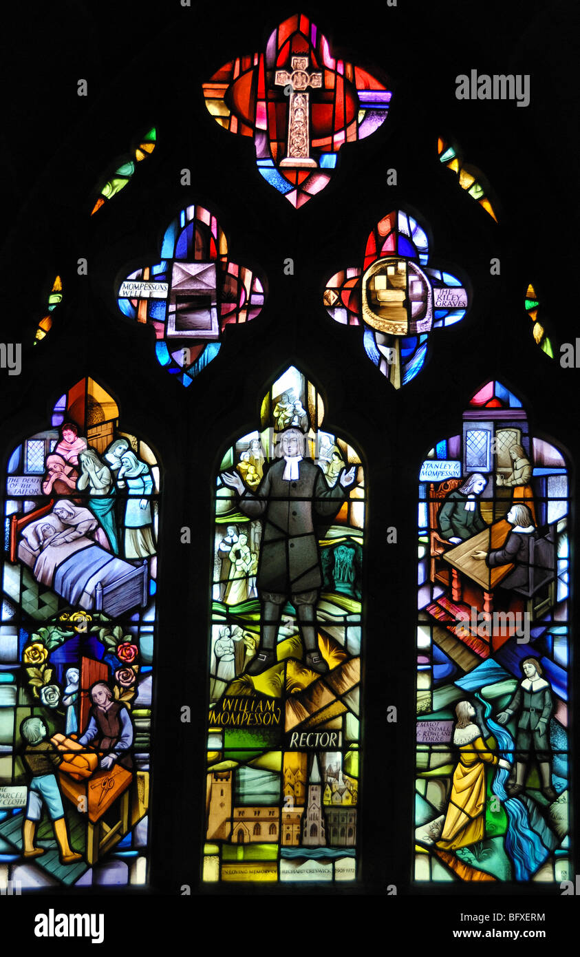Church window in Eyam, Debyshire, England, depicting the bubonic plague inflicting the village Stock Photo