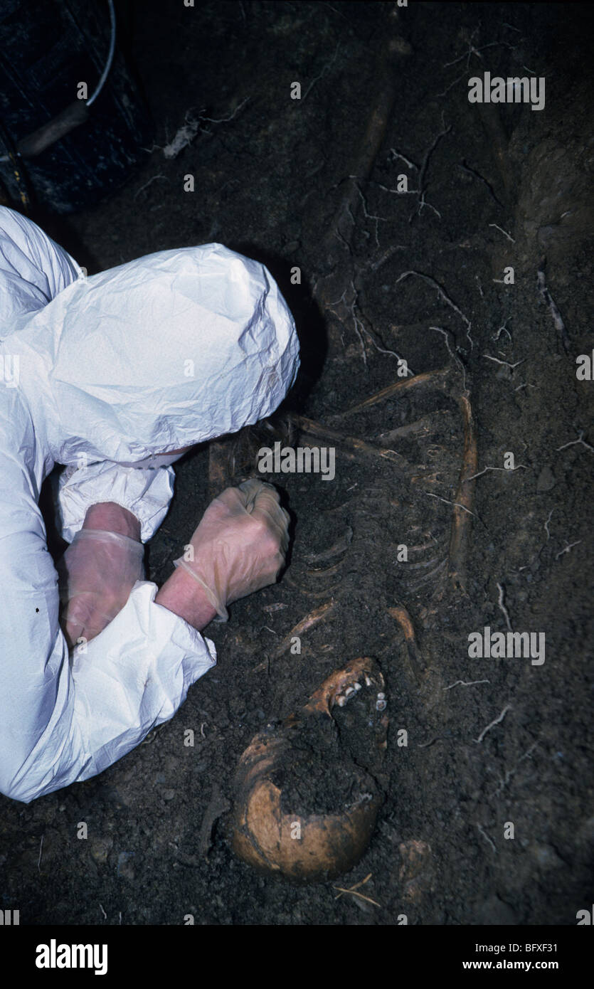 Forensic examination of Human Skeleton Stock Photo