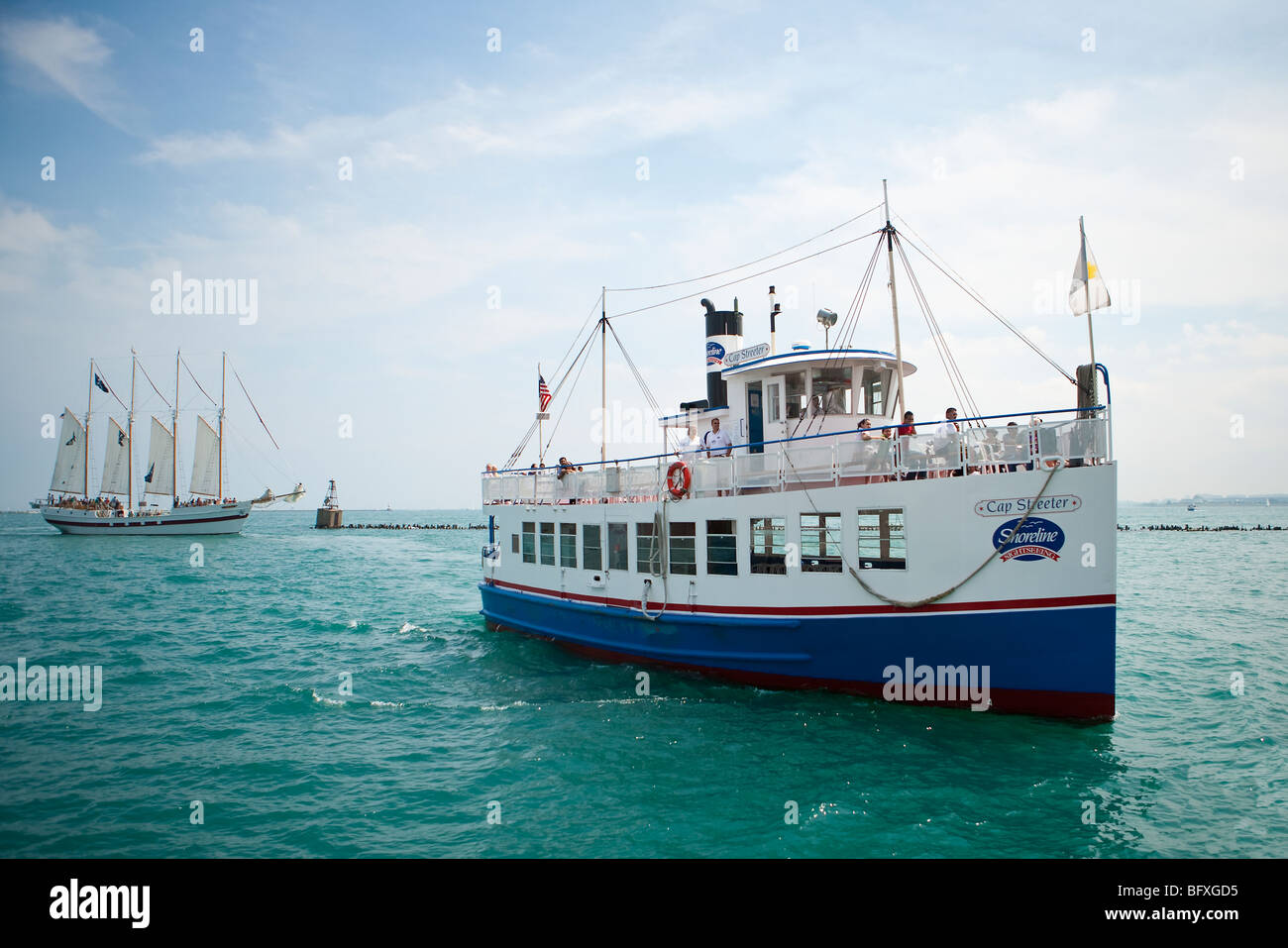 ferries and boats viewed from the Navy Pier on Lake Michigan, Chicago, Illinois, United States