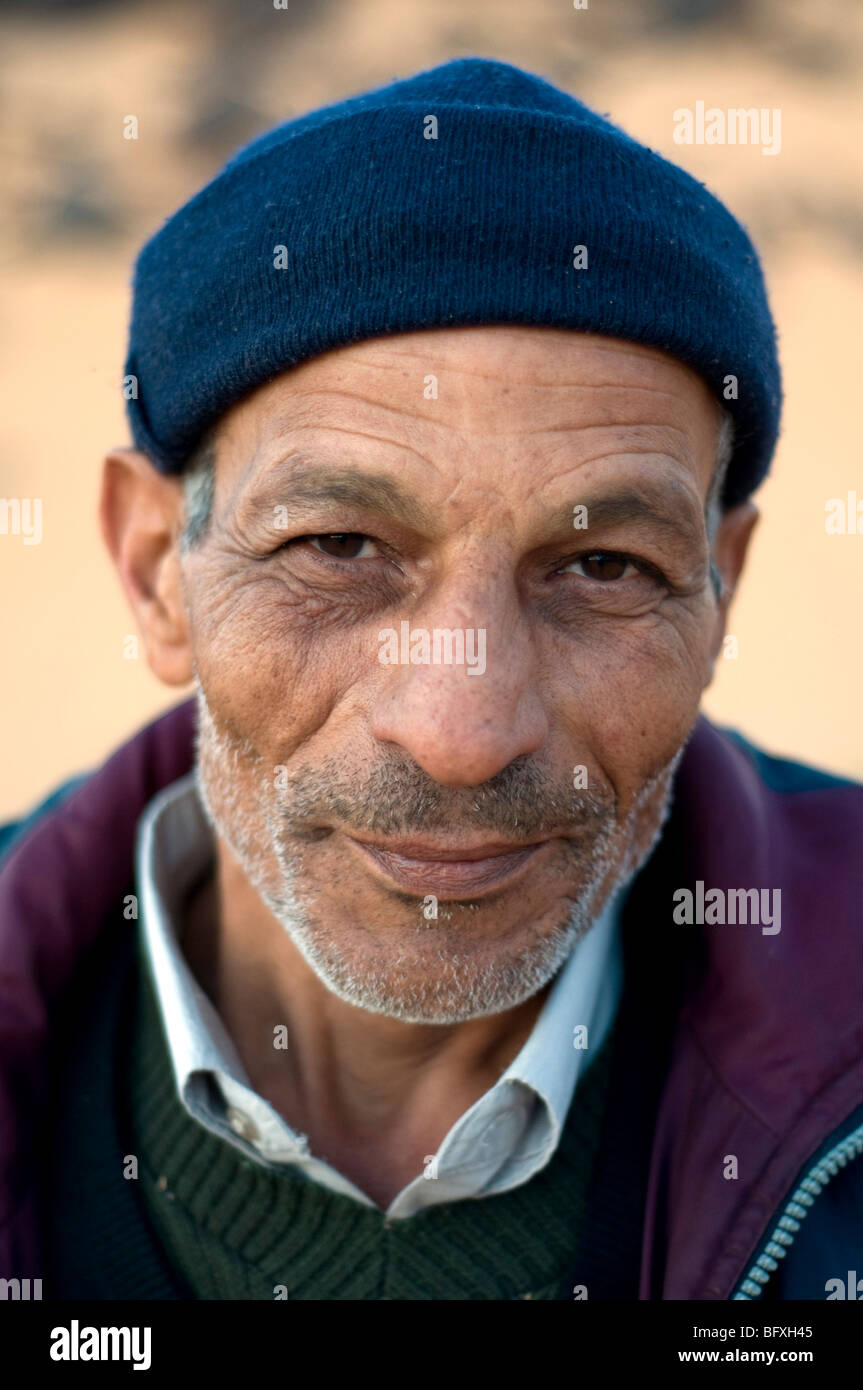A closeup facial portrait of an older Middle Eastern, Egyptian Arab man, living in Dakhla Oasis, in the New Valley, Western Desert, Egypt. Stock Photo