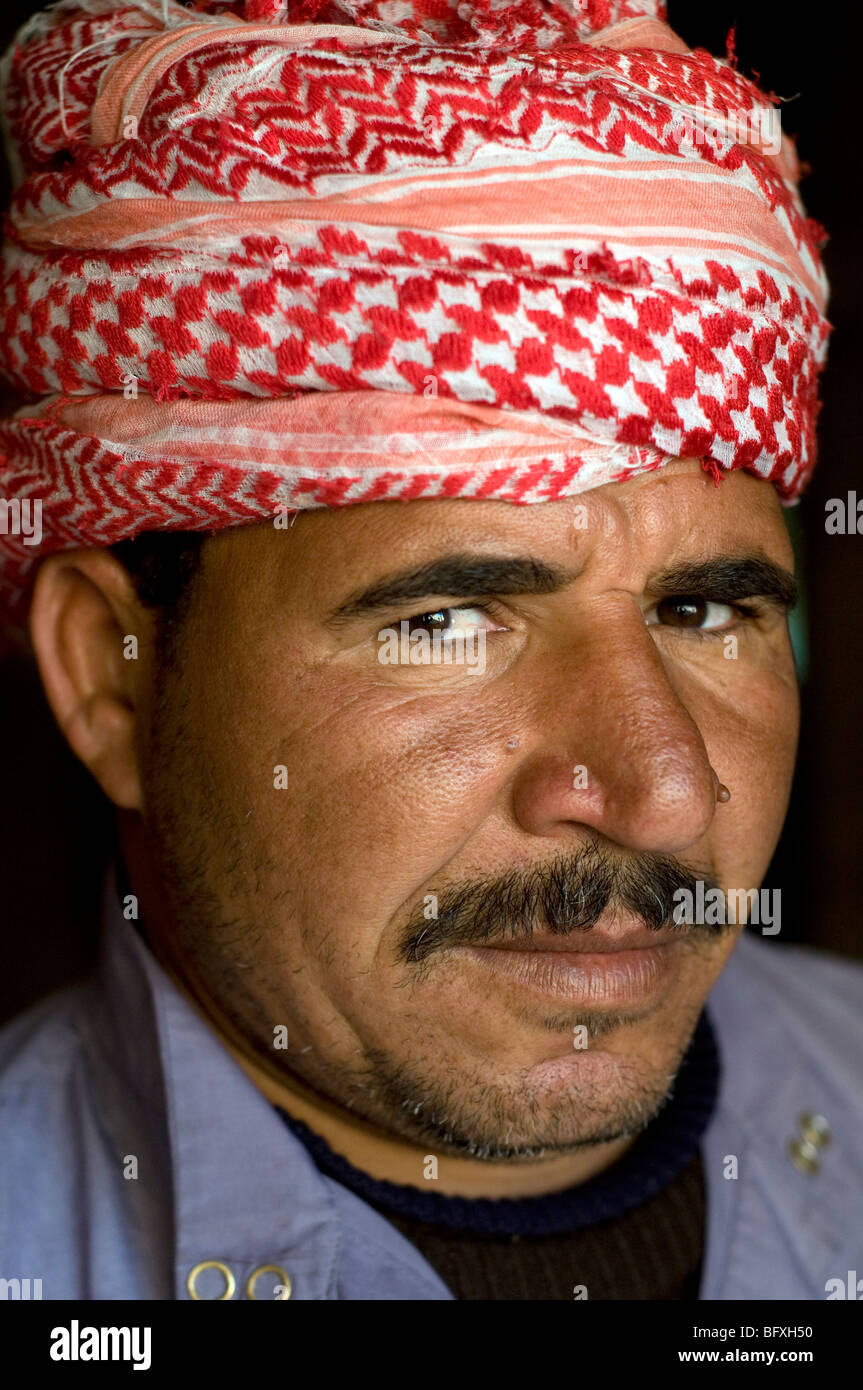 A closeup portrait of a middle-aged, Middle Eastern, Arab Egyptian  Bedouin man living in Dakhla Oasis, in the New Valley, Western Desert, Egypt. Stock Photo