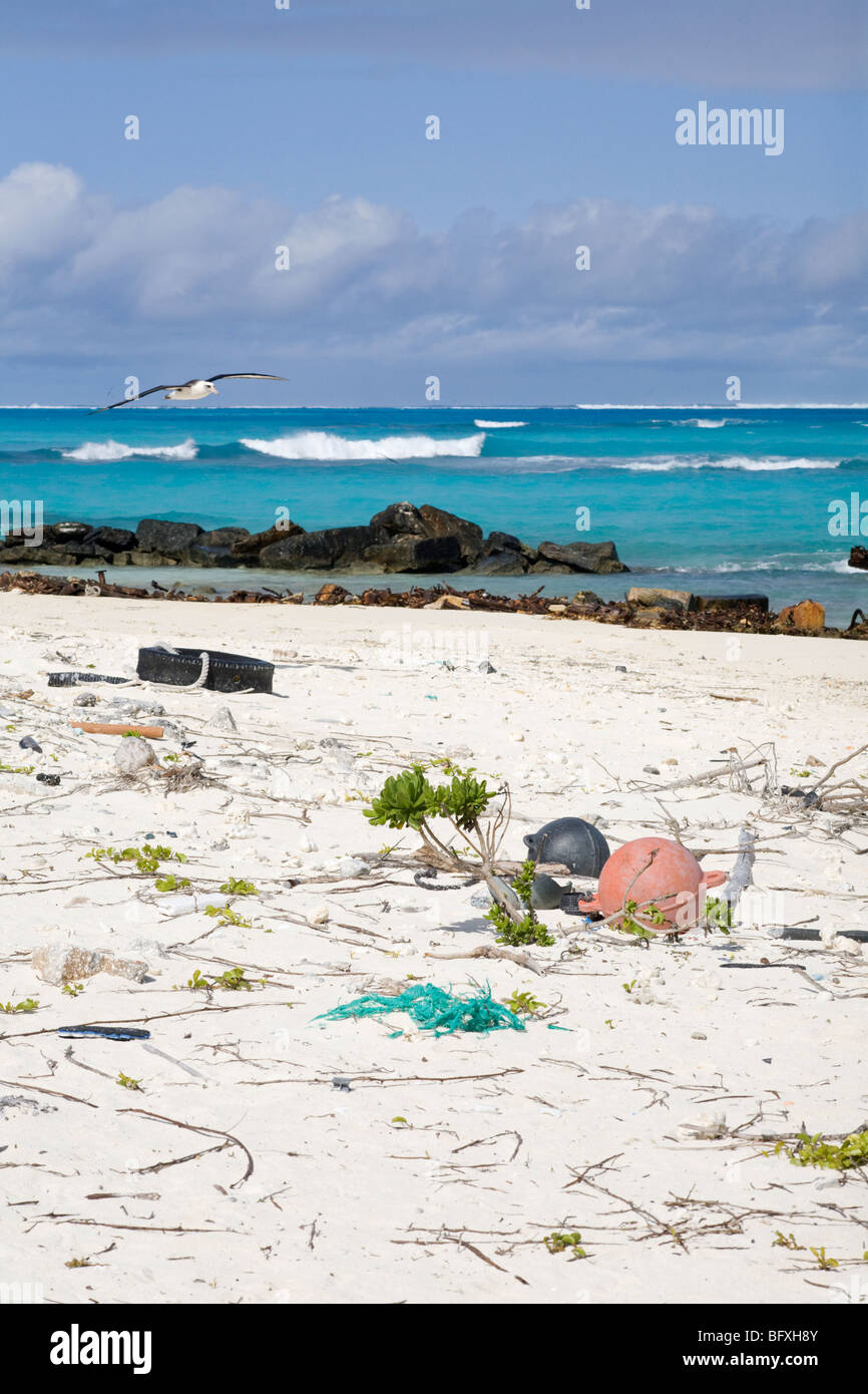 Marine debris washed ashore on a North Pacific island Stock Photo