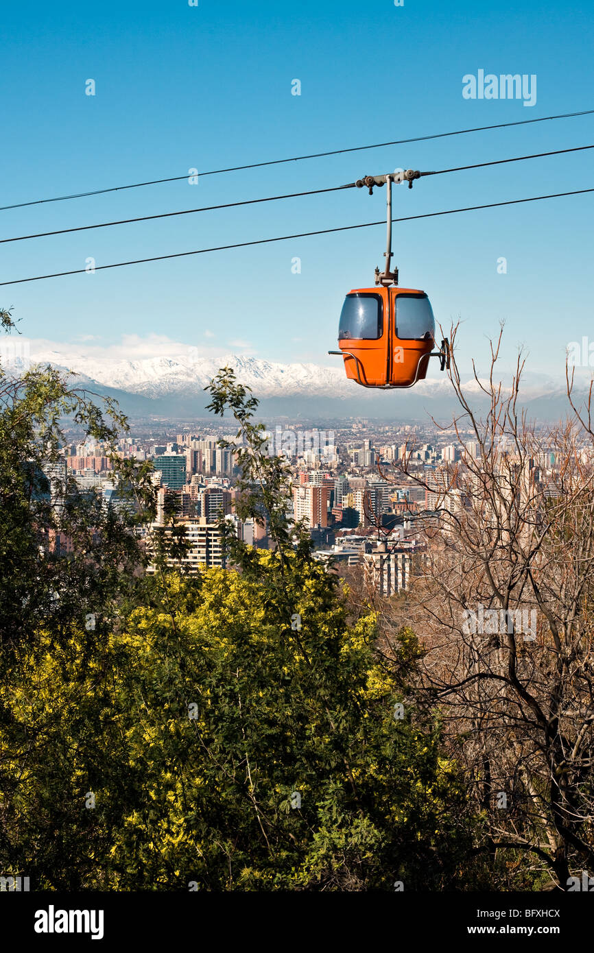 Cable car in San Cristobal hill, overlooking a panoramic view of Santiago de Chile Stock Photo