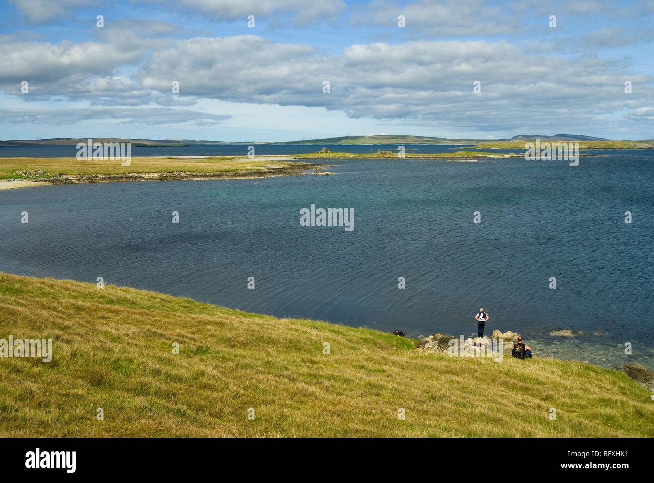 The Urie walk with near Hamars Ness Ferry Terminal with Yell in the distance on Fetlar, Shetland Stock Photo