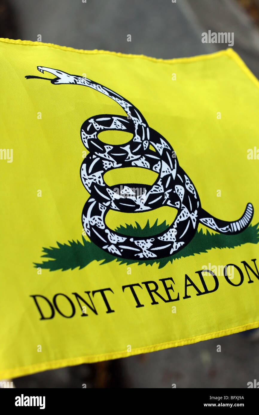 Gadsden Flag featuring Timber Rattle snake on yellow background. Mott: DONT TREAD ON ME. Stock Photo