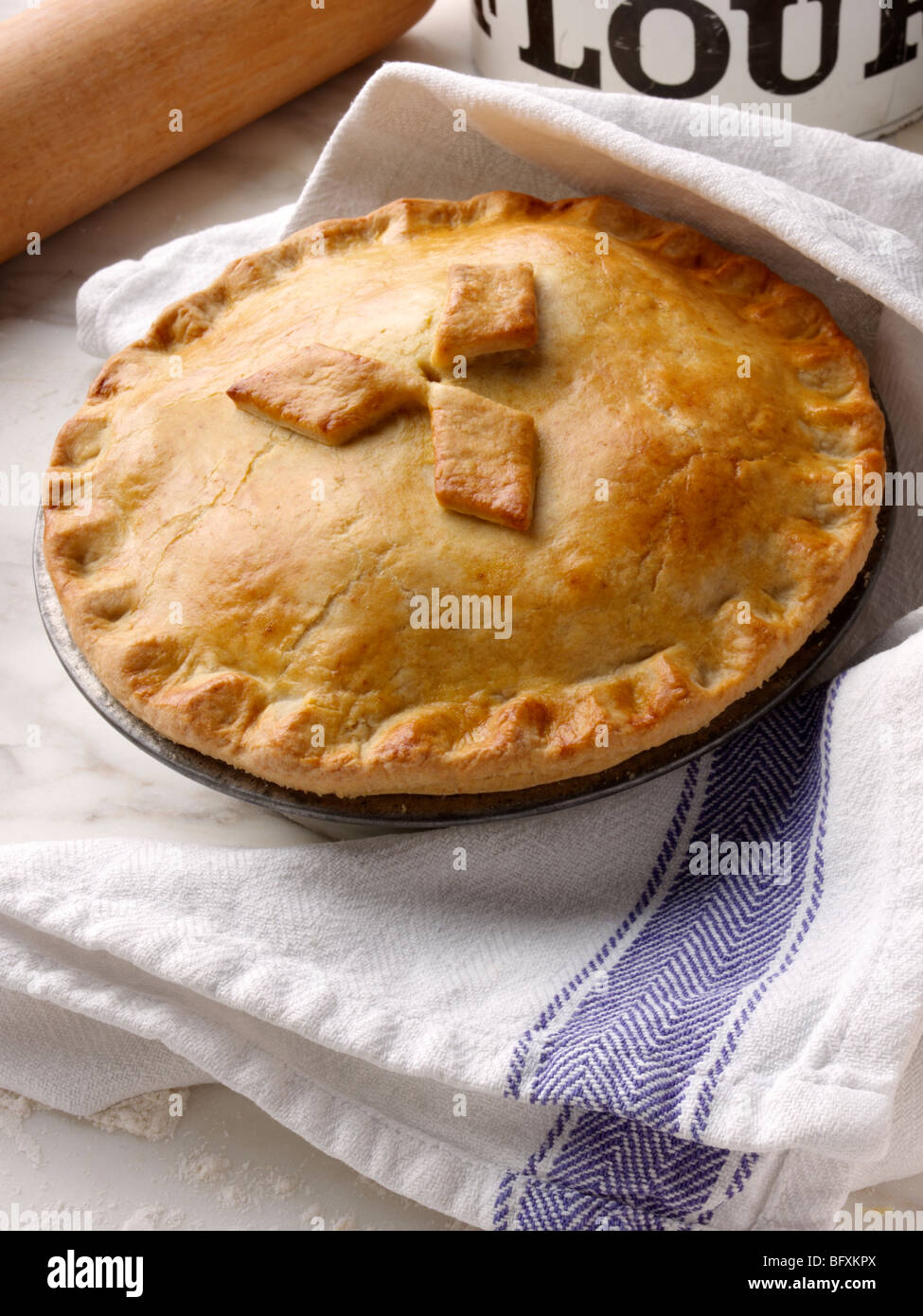 Shortcrust pastry pie in a pie tin freshly cooked hot from the oven