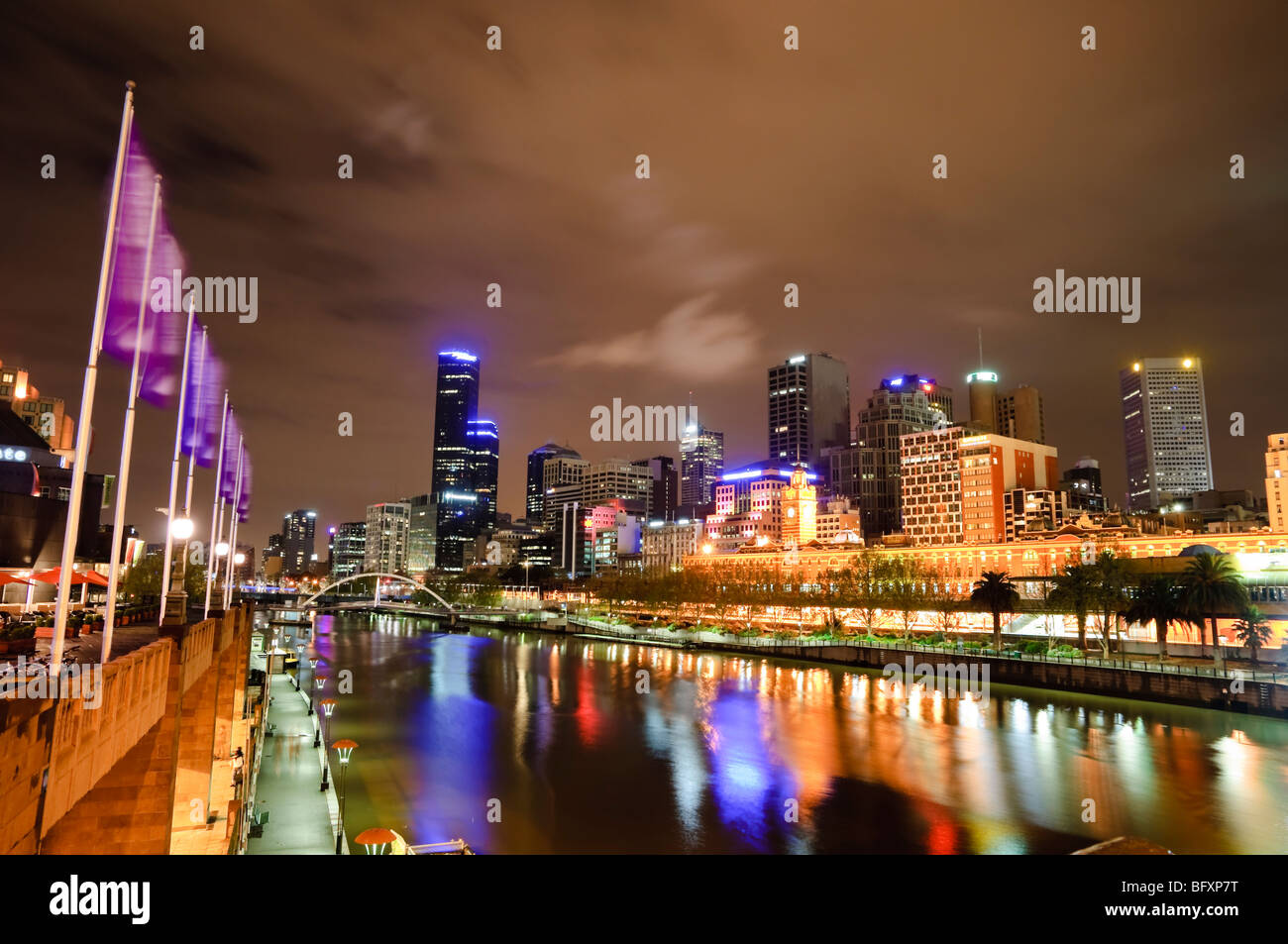 Night view of the Yarra River and financial district skyscrapers. Stock Photo