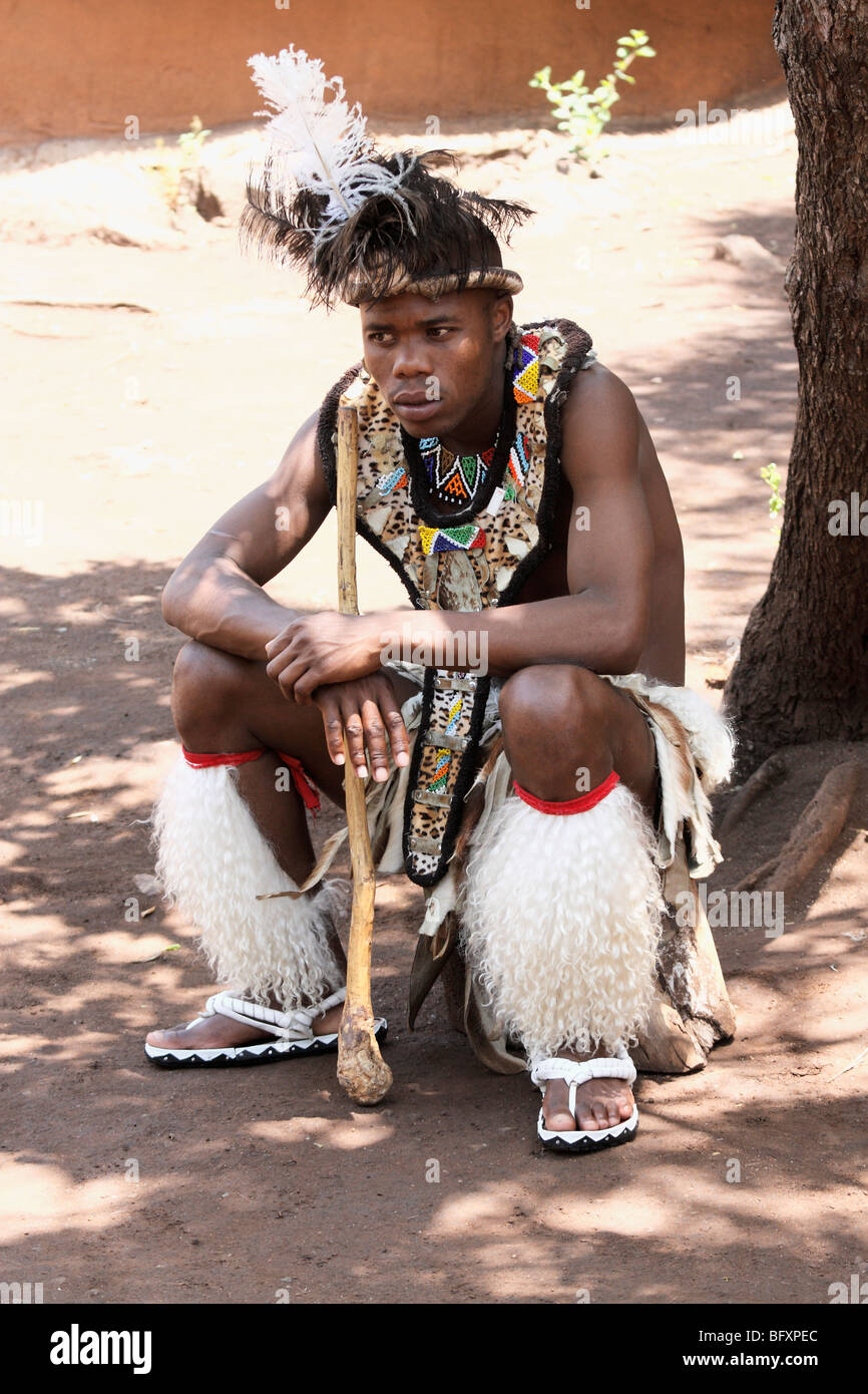 20 - 22 years old young Zulu man portrait in traditionally dressed,  Lesedi Village, Johannesburg South Africa, November, 2009 Stock Photo