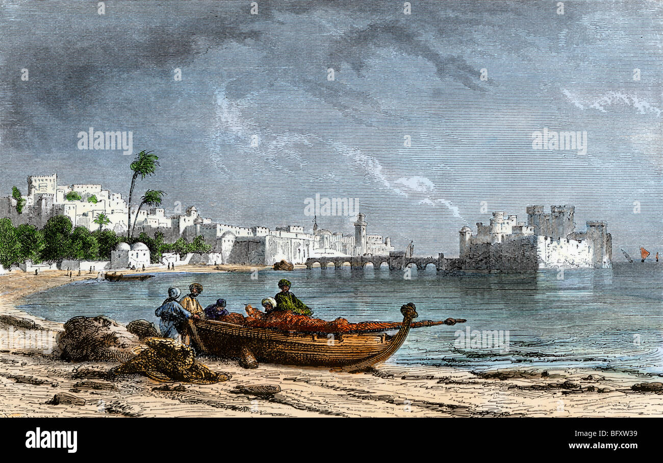 Sidon, a chief seaport of ancient Phoenicia on the Mediterranean. Hand-colored woodcut Stock Photo