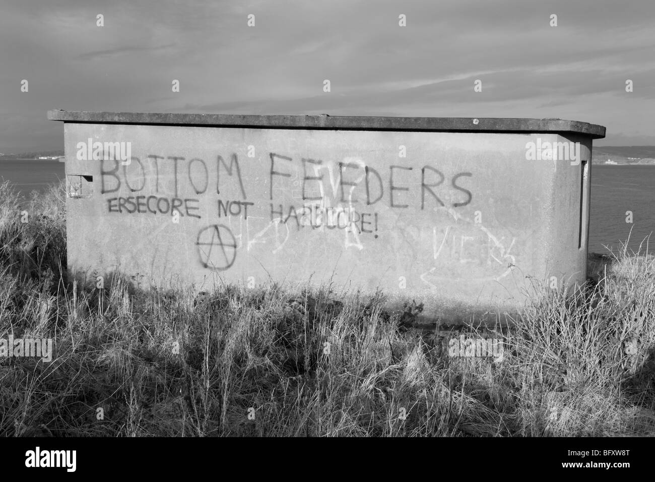 Bottom Feeders graffiti on old military building, Cramond Island Stock Photo