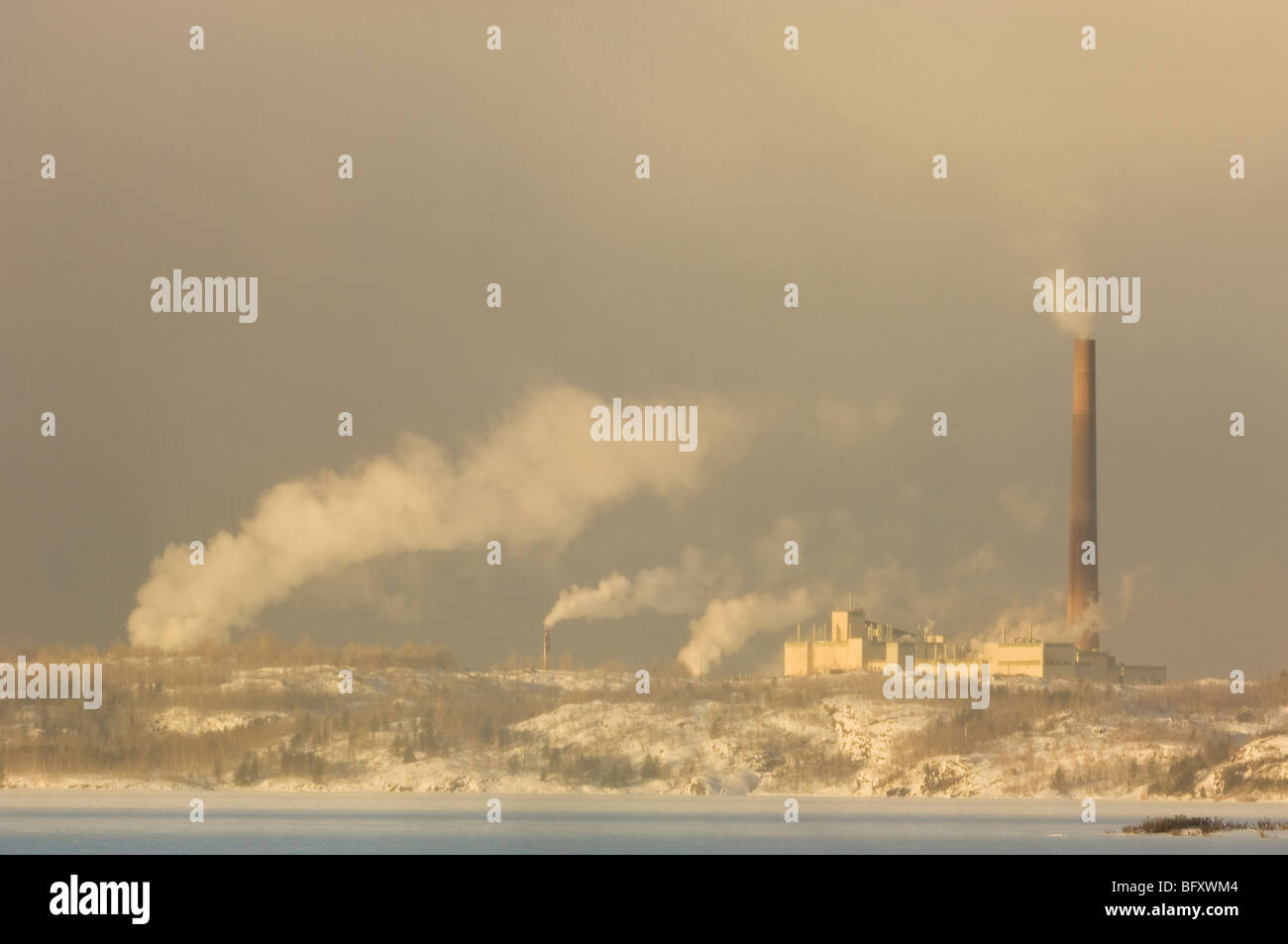 Vale Nickel refinery stacks on a cold winter morning, Greater Sudbury, Ontario, Canada Stock Photo