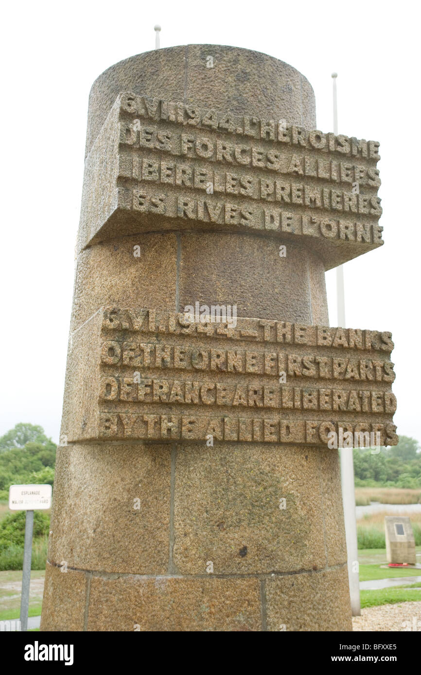 Memorial by the Orne River and Pegasus Bridge, Normandy, France liberated by the British Airborne Division on D Day, June 1944 Stock Photo