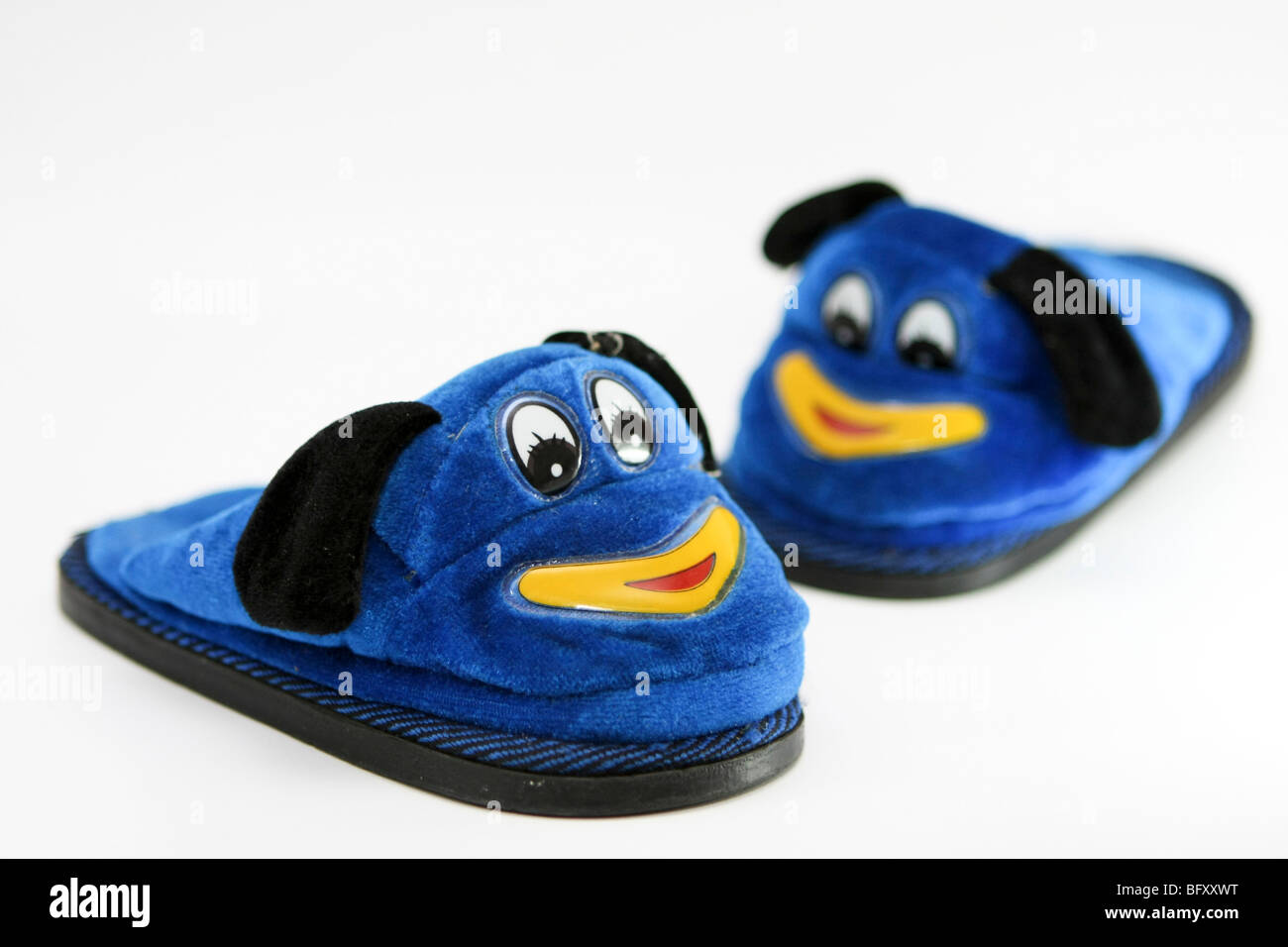 blue smiling dog slippers on white background Stock Photo